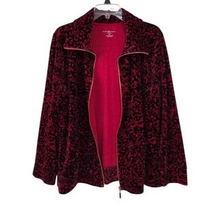 Karen Scott Sport Women Jacket XL Burgundy Velvet-Look Paisley Zip Front Pockets